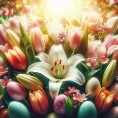 Close-up of a blooming spring garden with Easter lilies and tulips Renewal and beauty Creates a vibrant atmosphere for Easter-themed designs 