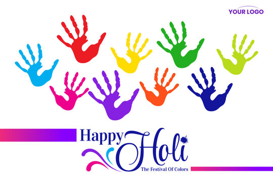 colorful happy holi hindu festival celebration greeting with hand prints vector
