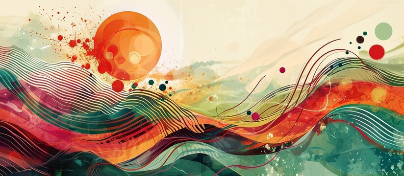 A vibrant artwork showcasing a wave with a sun in the backdrop, blending water, paint, and intricate patterns in a captivating illustration.