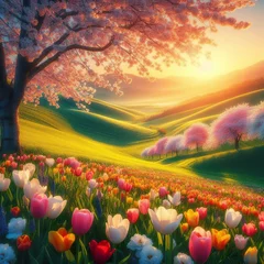 Fototapeten Close-up of a picturesque Easter sunrise illuminating rolling hills dotted with blossoming cherry trees and vibrant tulip fields Serene and breathtaking Ideal for creating a tranquil Easter landscape  © Franco di Giacomo