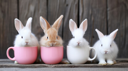 Cute rabbits sit in cups on a background of wooden boards. Easter background. Easter bunnies.