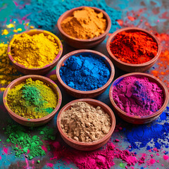 Holi color powder. Organic Gulal colours in bowl for Holi festival, Hindu tradition festive