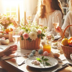 Close-up of a family gathering around a sunlit Easter brunch table adorned with fresh flowers and seasonal fruits Warm and convivial Ideal for Easter feast-themed designs  - obrazy, fototapety, plakaty