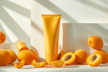 Premium Skincare Bottle Amidst Fresh Apricots, Natural Beauty Concept