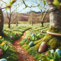 Close-up of a festive Easter egg hunt trail winding through a picturesque woodland filled with budding trees and chirping birds Adventurous and scenic Perfect for depicting outdoor Easter activities 
