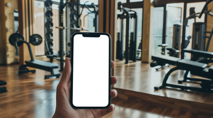 UI UX mockup image of smartphone with blank transparent screen, in hand by the gym with exercise...