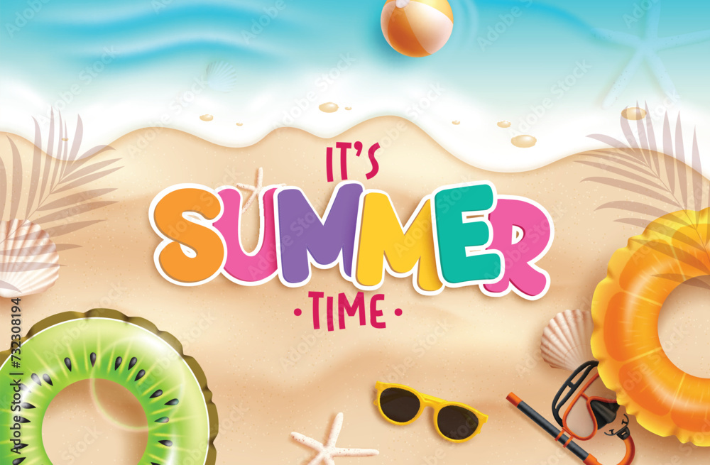 Wall mural summer time text vector design. it's summer time greeting text in seashore and beach sand with float