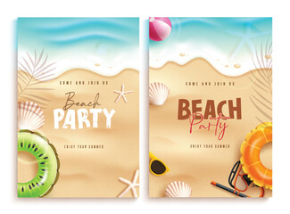 Summer beach party text vector poster set design. Summer party invitation card collection with seashells and floaters beach elements in seashore sand background. Vector illustration summer party  © AmazeinDesign