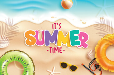 Summer time text vector design. It's summer time greeting text in seashore and beach sand with floaters, sunglasses and seashells elements decoration for tropical season background. Vector 