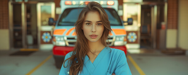 close-up Female Doctor in entrance door hospital near ambulance