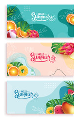 Summer hello text vector banner set. Hello summer greeting text with tropical fruits elements in abstract background lay out collection. Vector illustration summer greeting template. 
