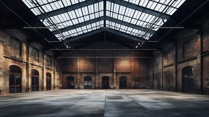 Fototapeten Industrial loft style empty old warehouse interior, brick wall, concrete floor and black steel roof structure. © ryanbagoez