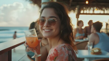 A beautiful young woman drinking cocktail happily with people at an open-air cafe on the tropical beach. generative AI - Powered by Adobe