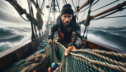 fisherman pulling a fish net in a boat