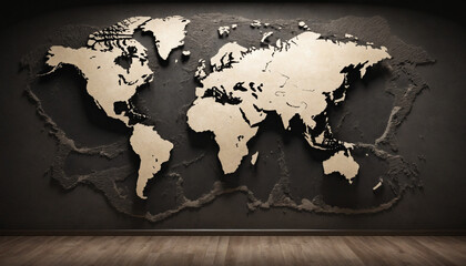 Crumbling globalization. A world map or the contents on a crumbling concert wall, of a dark and dim room.   .