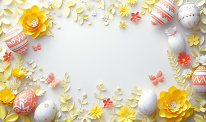 Easter background, flowers and easter eggs on lite background