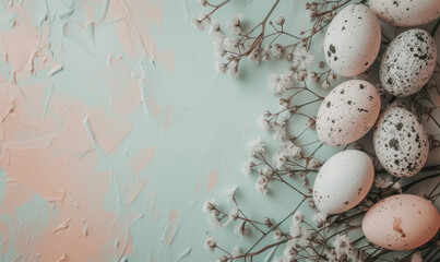 Easter background, flowers and easter eggs on white background