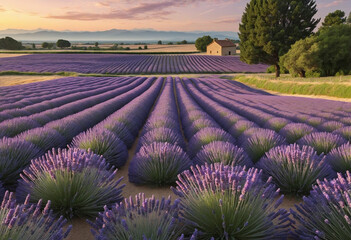 Beautiful lavender field at sunset landscape. 