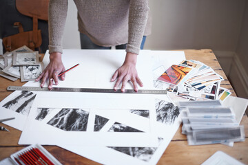 Photographer, hands and drawing on paper at desk with ruler for project in startup above. Business,...