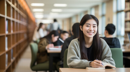 Front view of female college student reading a book Find more information in the library.