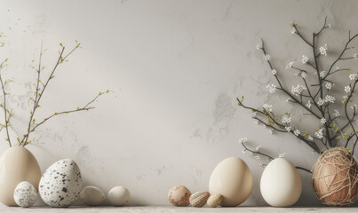Easter Harmony: A Serene Background of Easter Eggs and Spring Blossoms