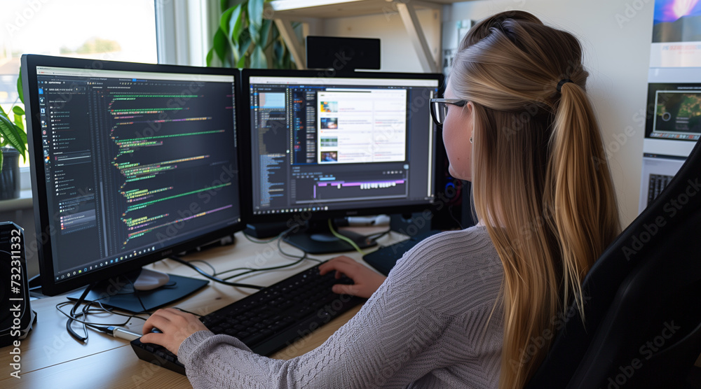Wall mural woman programming with two monitors in office, creating saas platform for start-up