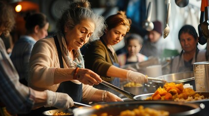 A heartwarming scene at a local shelter where community members volunteer to serve meals, embodying acts of care and compassion.