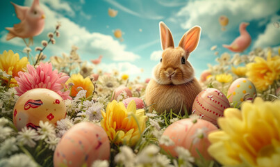 Whimsical Bunny Among Blooming Flowers and Colorful Eggs