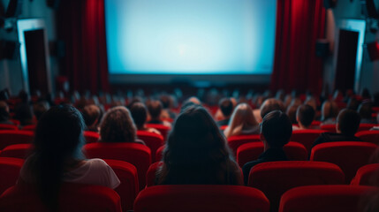 Cinema blank wide screen and people in red chairs in the cinema hall. Blurred People silhouettes watching movie performance. 
