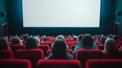 Obraz premium Cinema blank wide screen and people in red chairs in the cinema hall. Blurred People silhouettes watching movie performance. 
