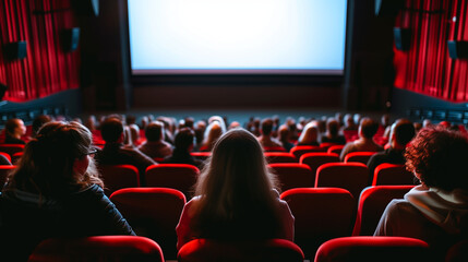 Cinema blank wide screen and people in red chairs in the cinema hall. Blurred People silhouettes watching movie performance. 