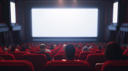 Cinema blank wide screen and people in red chairs in the cinema hall. Blurred People silhouettes watching movie performance. 