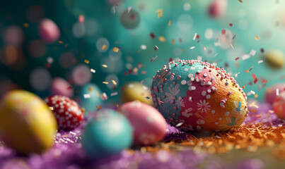 Colorful Enchanting Easter Eggs Amidst Spring Blossoms
