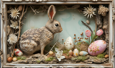 Spring's Joy Frame: An Easter Bunny Diorama Overflowing with Colorful Blooms and Easter Eggs