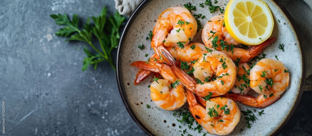 Wall mural A seafood dish consisting of a plate of shrimp garnished with lemon and parsley, a delightful combination of flavors and freshness. - Wall murals