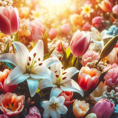 Close-up of a blooming spring garden with Easter lilies and tulips Renewal and beauty Creates a...