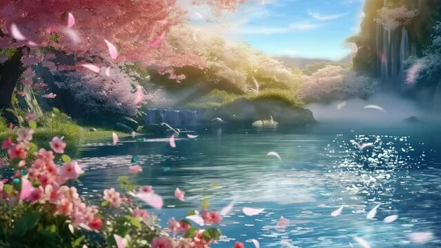 Springtime Serenity: Cherry Blossoms Adorn a Lakeside Oasis on a Sunny Day. Animated fantasy background, watercolor painting illustration style, seamless looping video