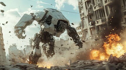 Huge fantastic robot is destroying the city. Futuristic illustration, post-apocalypse. Military...