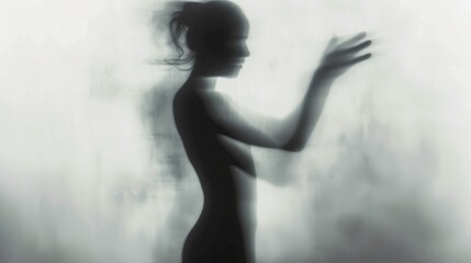 Female blurred silhouette on a grey background. Elegant outline of a woman in motion out of focus