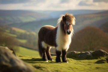 AI generated illustration of A Shetland pony on a rocky terrain, looking off into the camera