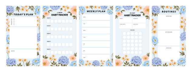 Collection of floral planner template for daily notepad, weekly schedule, agenda, memo, to do list, organizer, checklist, decorated with colorful flower and nature elements - obrazy, fototapety, plakaty