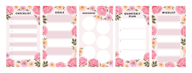 Collection of floral planner template for daily notepad, weekly schedule, agenda, memo, to do list, organizer, checklist, decorated with colorful flower and nature elements