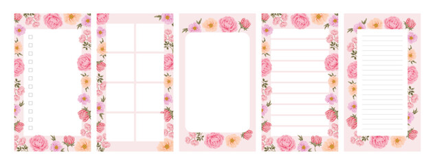 Collection of floral planner template for daily notepad, weekly schedule, agenda, memo, to do list, organizer, checklist, decorated with colorful flower and nature elements