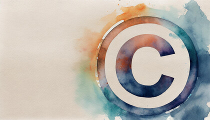 Copyright icon, watercolor art, canvas background, copyspace on a side