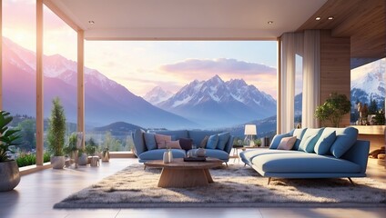Fototapeta premium Interior modern house, minimalist modern house with mountain background.