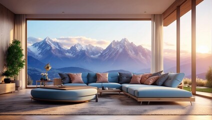 Fototapeta premium Interior modern house, minimalist modern house with mountain background