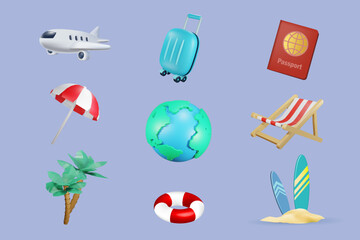 Travel vacation and summer icon set. Tropical trip and holiday relaxation concept. 3D elements vector created from graphic software.