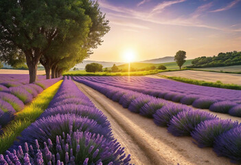 Beautiful lavender field at sunset landscape. 