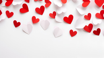 Valentine's Day background, red paper hearts on a white background, white background with red and white hearts, AI generated