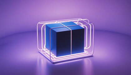 3d render, abstract ultraviolet background with glowing cloud and neon box sign